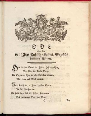 Ode über den von Ihro Rußisch-Kaiserl. Majestät befohlnen Ackerbau.