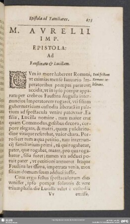 M. Aurelii Imp. Epistola: Ad Faustinam, & Lucillam