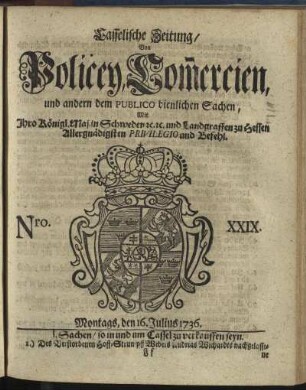 Nro. XXIX, Montags, den 16. Julius 1736