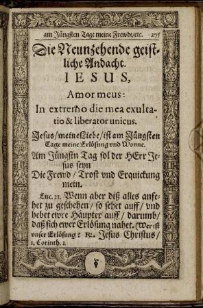 Die Neunzehende geistliche Andacht. Jesus, Amor meus: In extremo die mea exultario & liberator unicus.