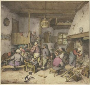Wirtshausinterieur mit rauchenden, trinkenden und kosenden Bauern