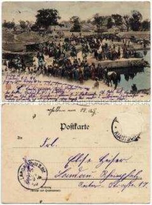 Fotopostkarte mit dem Besuch von Prinz Heinrich von Preußen in Peking als Gruß des Soldaten Wilhelm Bauer aus der Dienstzeit in Tsingtau an seine Verlobte Elisabetha Heiser