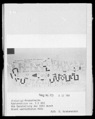 Kartenskizze von Leipzig-Probstheida mit Darstellung der 1813 durch Brand vernichteten Höfe