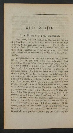 Erste Klasse. Die Saeugethiere. Mammalia.