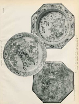 Pl. 82, 83, 84. Musée Guimet. Chine. Porcelaine de Canton, plat octogone, famille rose. Musée de Cluny. Couvercle de boite, laque rouge et décor or