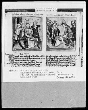 Zwei Schriften — Speculum humanae salvationis — Textseite mit zwei Miniaturen, Folio 69verso