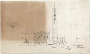 Gsaenger, Gustav; München - Fürstenried; Ev. Andreas Kirche, Pfarrhaus und Siedlung Fürstenried 2 - Vorprojekt Westseite (Ansicht)