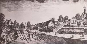 Dresden: Blick auf Plauen von Süden (v.l.n.r.: Wasserpalais, Hofmühlenbrücke, Hofmühle, Kirche) : Dresden-Plauen, Hofmühlenbrücke, Ansicht, 18. Jh.