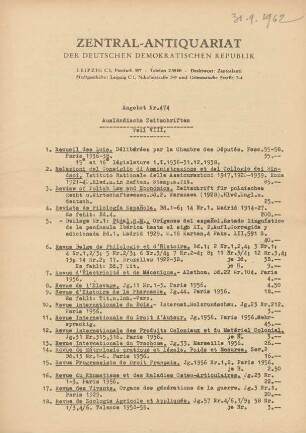 Nr. 474: Ausländische Zeitschriften VIII