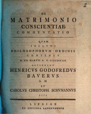 De matrimonio conscientiae commentatio