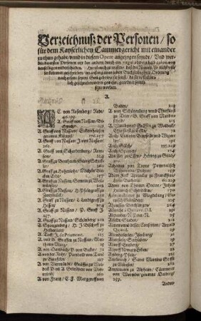 Verzeichnuß der Personen/ so für dem Kayserlichen Cammergericht mit einander zu thun gehabt/ unnd in diesem Opere angezogen seyndt ...