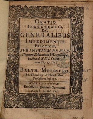 Oratio Inauguralis, De Generalibus Impedimentis Practicis