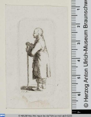Seitenansicht eines beleibten Mannes mit Mantel und Gehstock