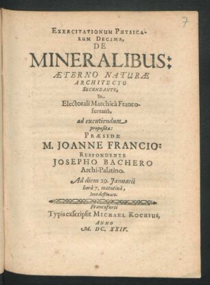 Exercitationum Physicarum Decima, De Mineralibus