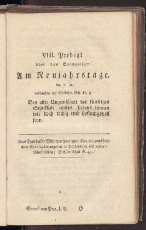 VIII. Predigt über das Evangelium am Neujahrstage