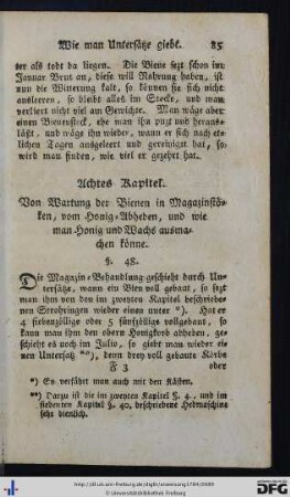 Achtes Kapitel. Von Wartung der Bienen in Magazinstöken, vom Honig-Abheben, und wie man Honig und Wachs ausmachen könne.