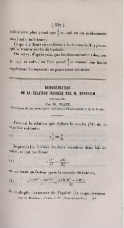 Démonstration de la relation indiquée par M. Mannheim.