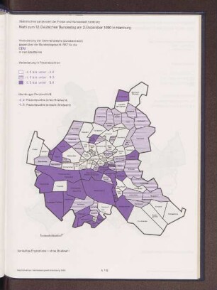 Veränderung der Stimmenanteile (Zweitstimmen) gegenüber der Bundestagswahl 1987 für die CDU in den Stadtteilen