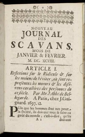 Janvier & Fevrier. M. DC. XCVIII.