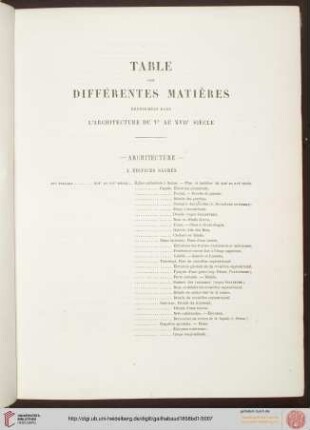 Table des différentes matières