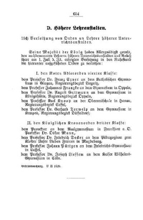 Verleihung von Orden an Lehrer höherer Unterrichtsanstalten : [D. Höhere Lehranstalten]