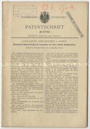Patentschrift einer Warmwasser-Speisevorrichtung für Lokomotiven und andere ähnliche Dampfmaschinen, Patent-Nr. 37750