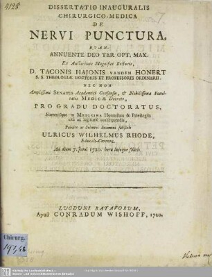 Dissertatio Inauguralis Chirurgico-Medica De Nervi Punctura : Ad diem 7. Junii 1720