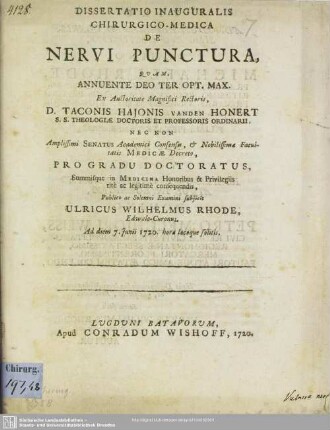 Dissertatio Inauguralis Chirurgico-Medica De Nervi Punctura : Ad diem 7. Junii 1720