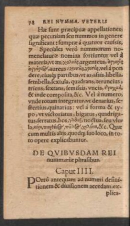 De Quibusdam Rei nummariae phrasibus. Caput IIII.
