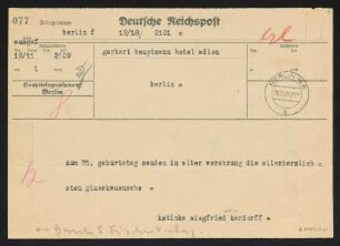 Brief von Katharina von Kardorff und Siegfried von Kardorff an Gerhart Hauptmann