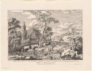 Landschaft mit Vieh, Wäscherinnen und Hütte, Bl. 2 der Folge "Varia Marci Ricci pictoris praestantissimi experimenta"