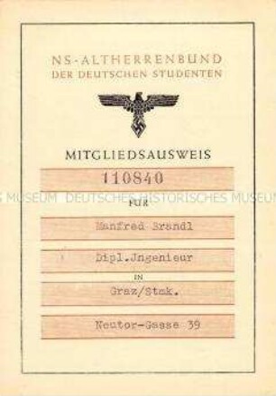 Mitgliedsausweis des NS-Altherrenbundes der Deutschen Studenten für Manfred Brandl