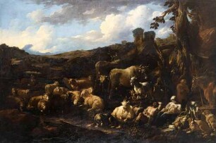 Hirten und Herden in einer Ruinenlandschaft