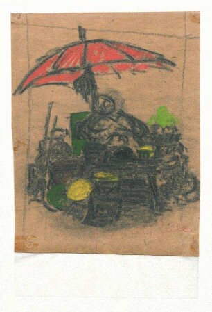 Marktfrau mit rotem Schirm