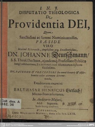 Disputatio theologica de providentia Dei