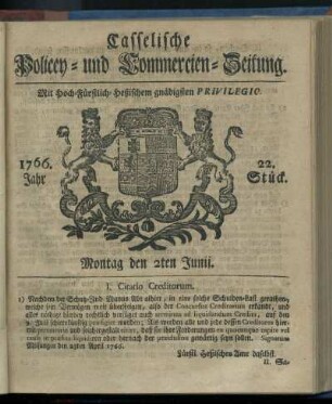 22. Stueck, Montag den 2ten Junii 1766