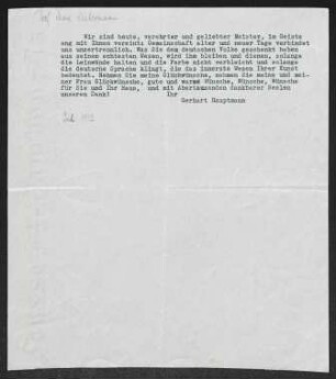 Brief von Gerhart Hauptmann an Max Liebermann