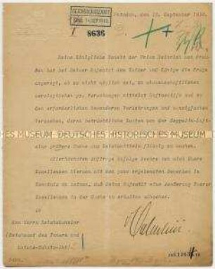 Brief des Geheimen-Zivil-Kabinetts über den Wunsch des Kaisers nach finanzieller Beteiligung an der Zeppelin-Luftschiff-Gesellschaft
