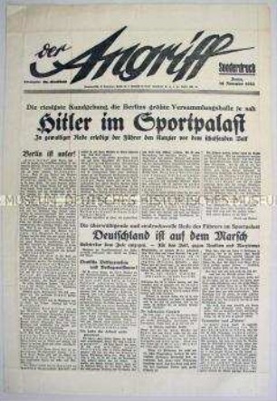 Sonderausgabe der NS-Zeitung "Der Angriff" zur Reichstagswahl im November 1932 mit dem Wortlaut der Rede Hitlers im Sportpalast
