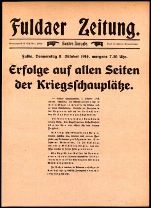 Erste Ausgabe vom Donnerstag, den 08. Oktober 1914.
