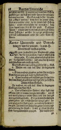 Kurtzer Unterricht und Betrachtungen/ vor die jenigen/ so zum H. Abendmahl wollen gehen.