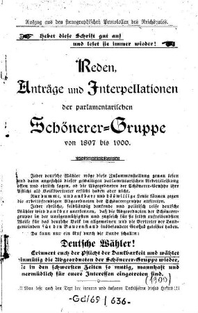 Reden, Anträge und Interpellationen der parlamentarischen Schönerer-Gruppe von 1897 bis 1900