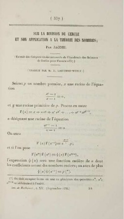Sur la division du cercle et son application a la théorie des nombres.