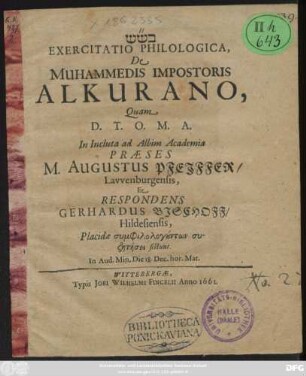 Exercitatio Philologica, De Muhammedis Impostoris Alkurano