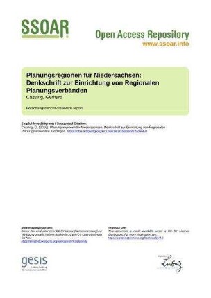 Planungsregionen für Niedersachsen: Denkschrift zur Einrichtung von Regionalen Planungsverbänden