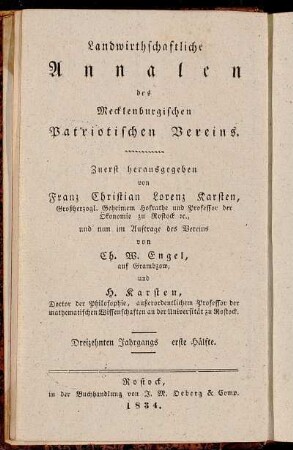 Landwirthschaftliche Annalen des Mecklenburgischen Patriotischen Vereins ... Dreizehnten Jahrgangs erste Hälfte = Neue Annalen der Mecklenburgischen Landwirthschafts-Gesellschaft ... Neunzehnten Jahrgangs erste Hälfte