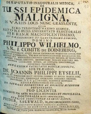 Disputatio Inauguralis Medica De Tussi Epidemica Maligna : In Variis Locis Nunc Grassante
