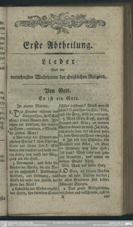 Erste Abtheilung. Lieder über die vornehmsten Wahrheiten der christlichen Religion