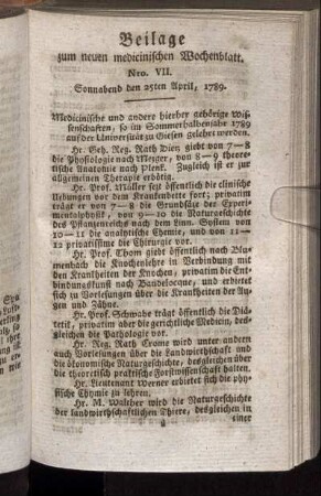 Beilage zum neuen medicinischen Wochenblatt. Nro. VII. Sonnabend den 25ten April, 1789.