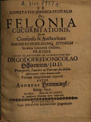 Disputatio Iuridica Feudalis De Felonia Cucurbitationis